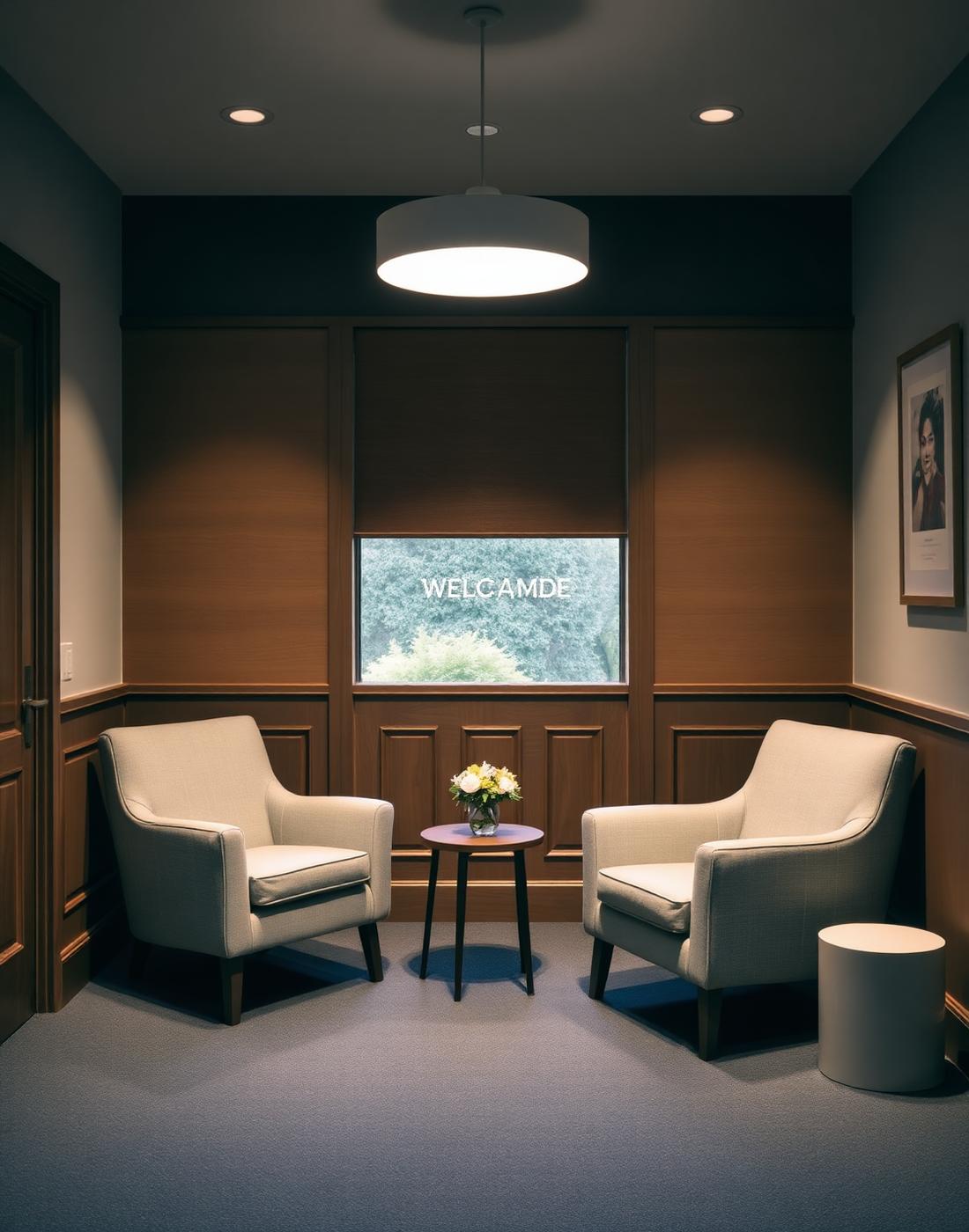 The welcoming in-person counselling space with two armchairs