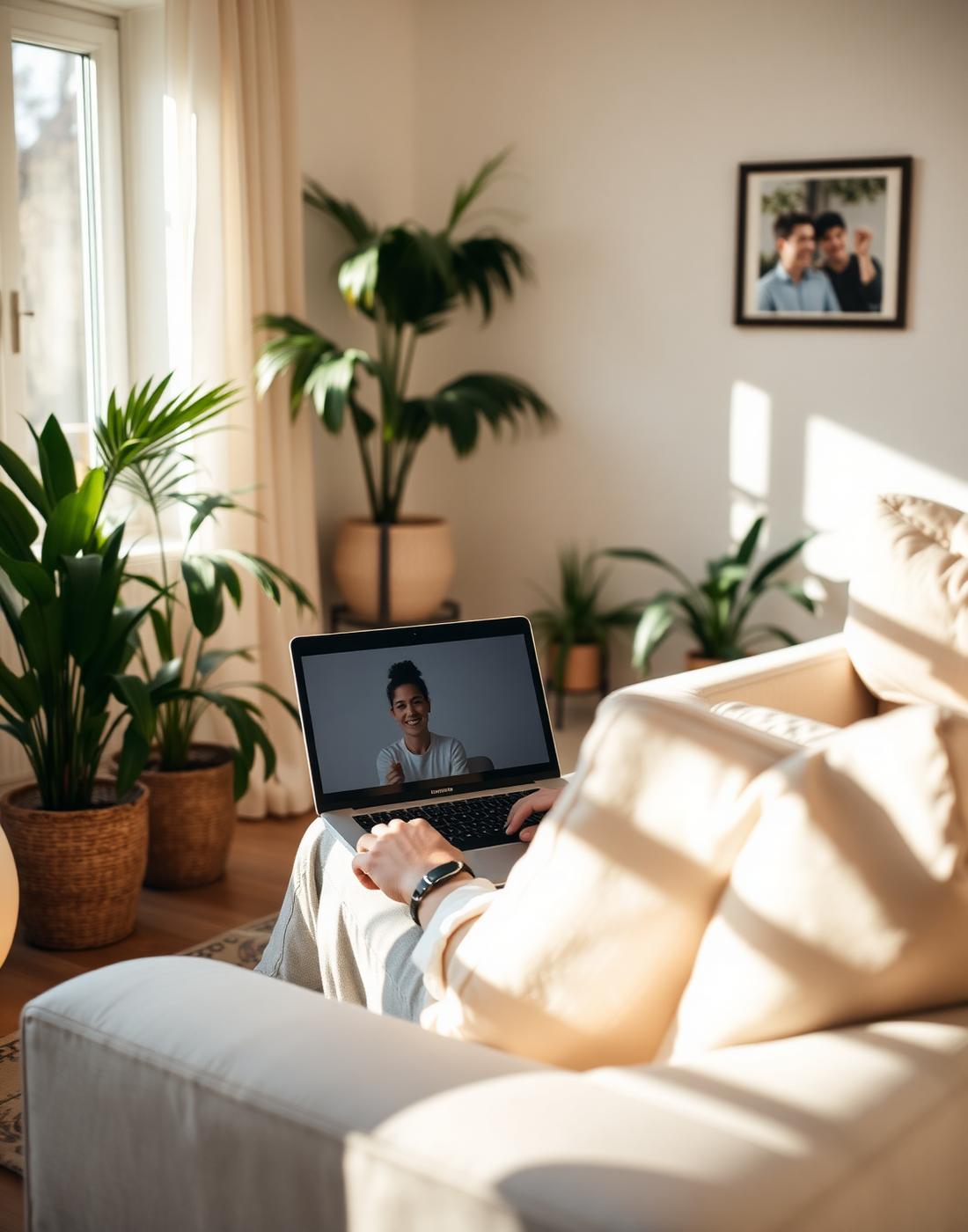 A person attending a private online counselling session at home